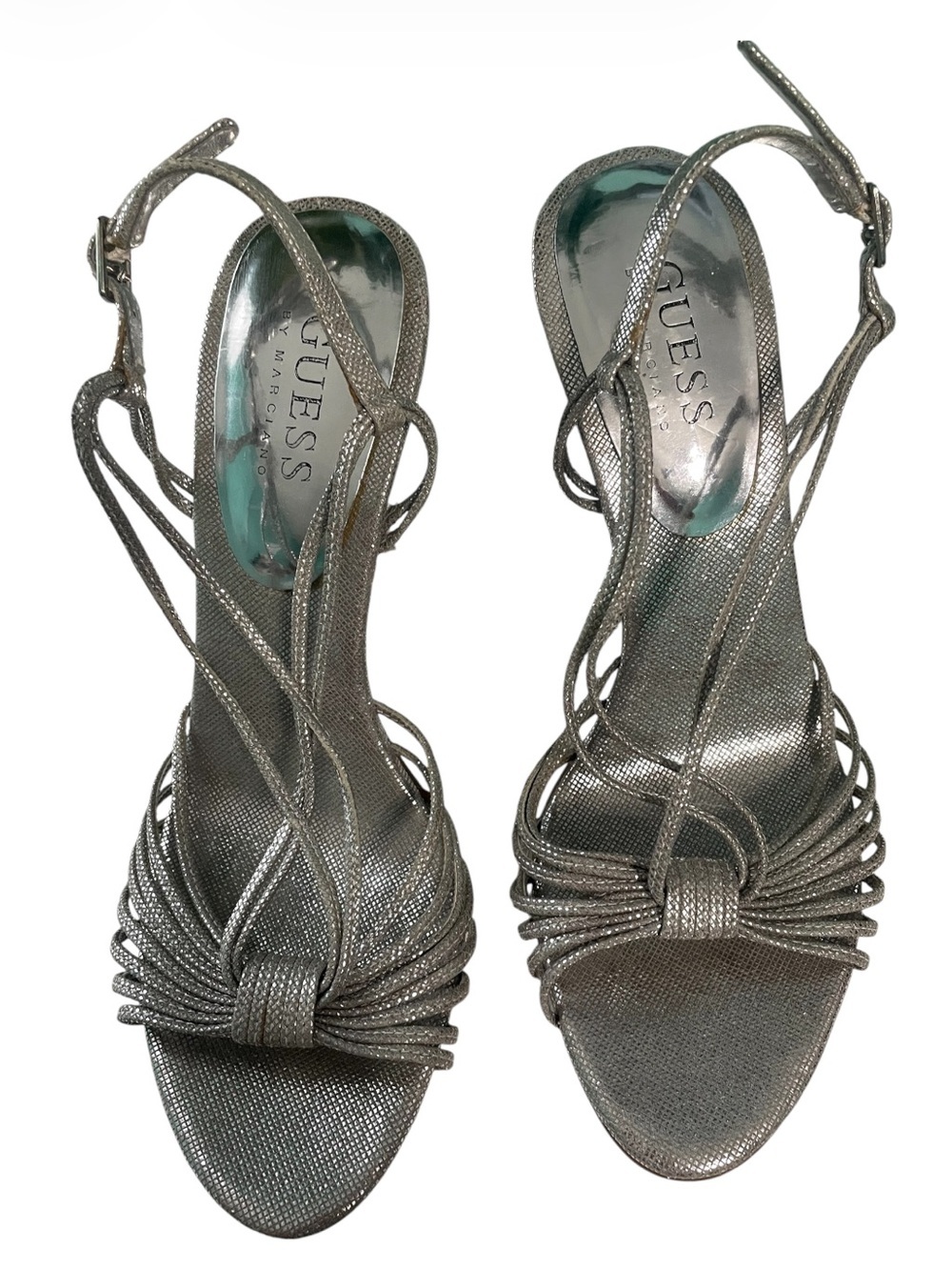 Guess by Marciano Metallic Silver Strappy Knot Heels